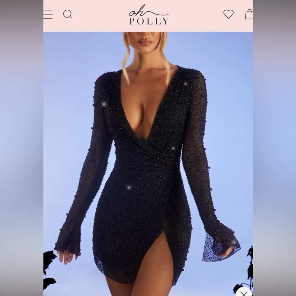 Embellished Wrap Over A-Line Mini Dress in Black